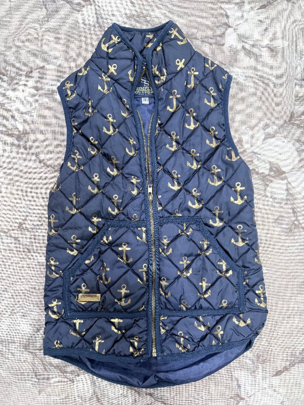 Simply Southern Youth L Navy Gold Anchor Quilted Puffer Vest
